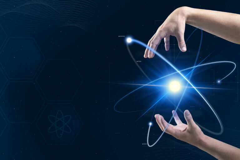 Atom biotechnology nuclear medicine with scientist’s hands